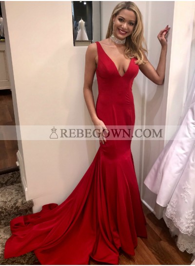 2023 Sexy Mermaid  Red V Neck Backless Long Elastic Satin Prom Dresses