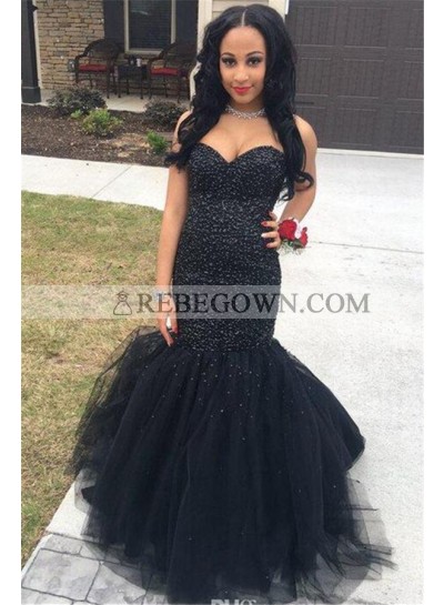 2023 Sexy Black Mermaid  Tulle Sweetheart Beaded Lace Up Back Prom Dresses