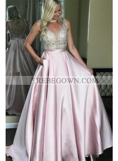 2023 New Arrival A Line Elastic Stain Blushing Pink Backless Sweetheart Long Prom Dresses