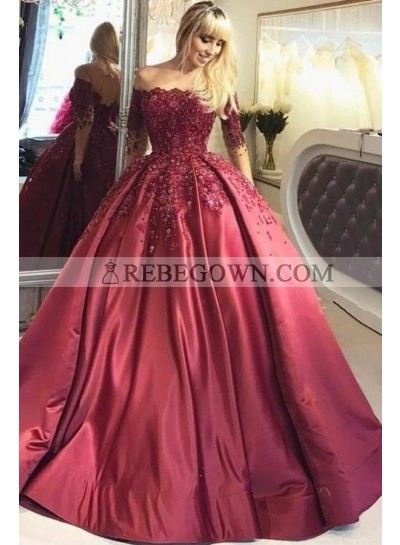 2023 New Designer Burgundy Long Sleeves Off Shoulder Lace Up Back Ball Gown Prom Dresses