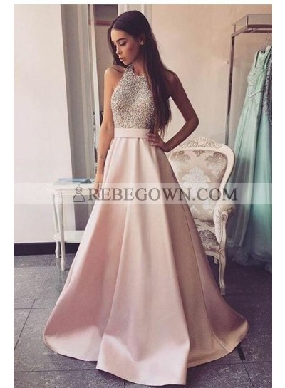2023 Elegant A Line Satin Pink Backless Halter Beaded Long Prom Dresses