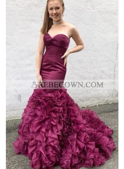 Amazing Mermaid  Sweetheart Ruffles Organza Long Train Grape Prom Dresses 2023