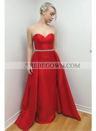 2023 Elegant Sheath Satin Sweetheart Red Beaded Long Prom Dresses