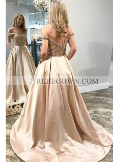 2023 Elegant A Line Satin Off Shoulder Champagne Beaded Long Prom Dresses