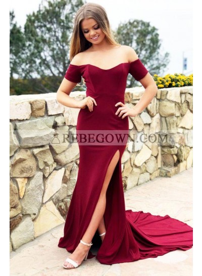 2023 Sexy Burgundy Off Shoulder Side Slit Sheath Sweetheart Long Short Sleeves Prom Dresses