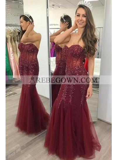 2023 Charming Mermaid  Sweetheart Tulle Burgundy Lace Up Back Appliques Prom Dresses