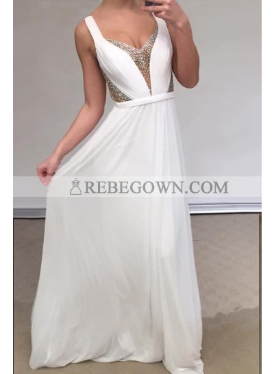Cheap A Line Chiffon Backless White Sweetheart Bead Prom Dresses 2023