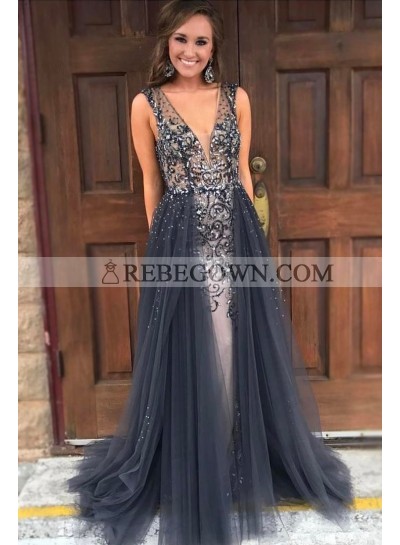 New Designer A Line Gray V Neck Tulle Beaded Backless 2023 Prom Dresses