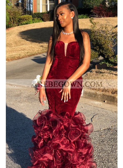 Sexy Mermaid  Burgundy Sweetheart Velvet Organza Strapless African American Prom Dresses 2023