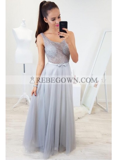 2023 New Arrival A Line Tulle See Through Silver Scoop Prom Dresses With Pearls and Bowknot