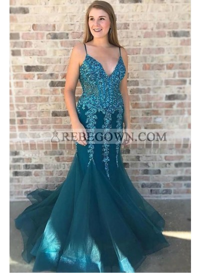 2023 Sexy Mermaid  Sweetheart Beaded Tulle Dark Green Backless Long Prom Dresses