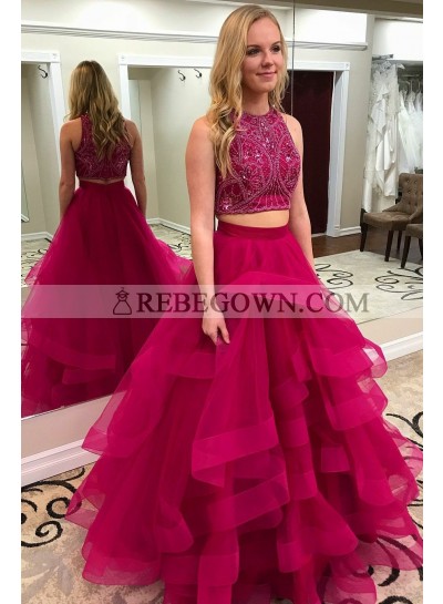 2023 New Arrival A Line Tulle Beaded Tulle Two Pieces Ruffles Fuchsia Prom Dresses