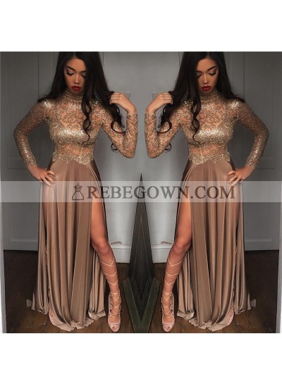 Sexy A Line Elastic Satin Champagne Long Sleeves See Through High Neck Side Slit Long Prom Dresses 2023