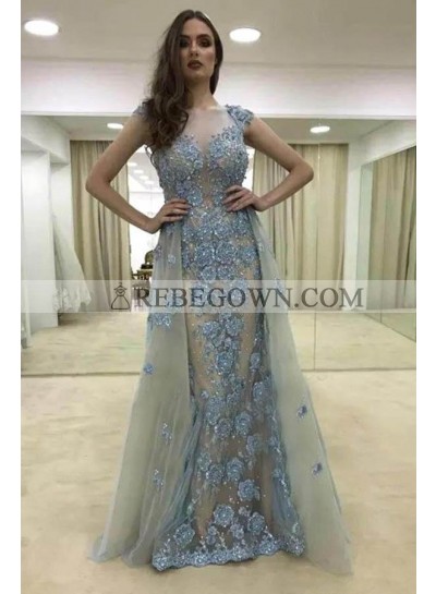 2023 New Designer Sheath Gray Tulle and Blue Appliques Capped Sleeves Prom Dresses