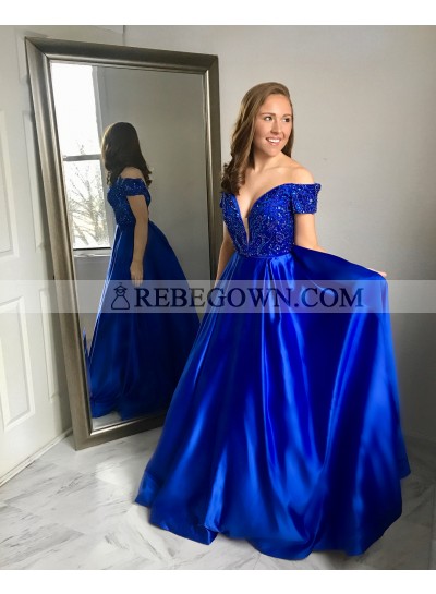 2023 Elegant A Line Satin Off Shoulder Sweetheart Beaded Long Royal Blue Prom Dresses