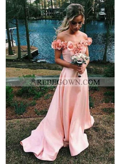 2023 Cheap A Line Satin Pink Off Shoulder Floral Long Prom Dresses