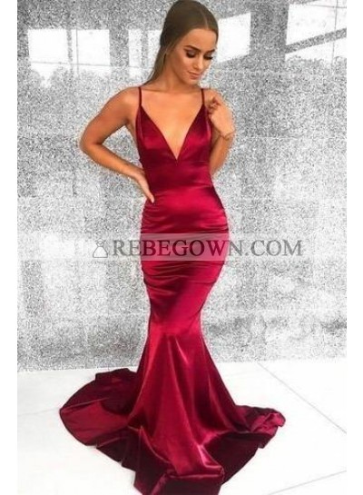 Sexy Burgundy Elastic Satin Mermaid  V Neck Backess Prom Dresses 2023