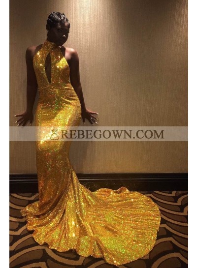 Amazing Mermaid  Gold Key Hole High Neck Backless African American Long 2023 Prom Dresses