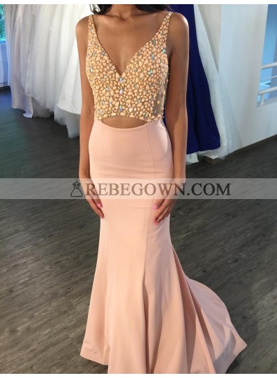2023 Newly Mermaid  Satin V Neck Blushing Pink Hollow Out Backless Prom Dresses
