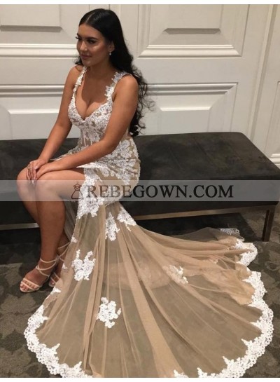 Charming Sheath Sweetheart Champagne and White Appliques Tulle Lace Up Back Prom Dresses 2023