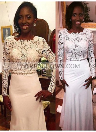 White Long Sleeves Sheath Lace Backless African American Long 2023 Prom Dresses