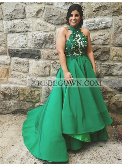 2023 New Arrival A Line Emerald Halter Backless Long Lace Plus Size Prom Dresses