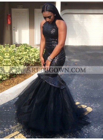 2023 Mermaid  Black Sleeveless Tulle Sequence Backless African American Long Prom Dresses