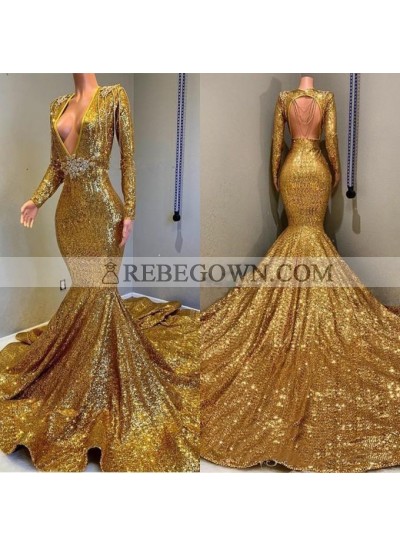 2023 Sexy Mermaid  Gold V Neck Backless Long Sleeves Sequence African American Prom Dresses