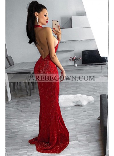 Sexy Red Sheath Halter Backless Sequence Long Prom Dresses 2023