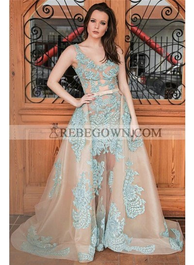 New Designer A Line Champagne and Blue Appliques Tulle Scoop Prom Dresses With Bowknot 2023