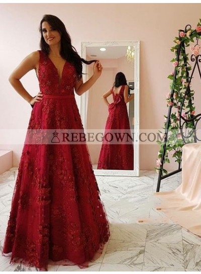 2023 Newly A Line V Neck Bowknot Back Tulle Floral Red Prom Dresses