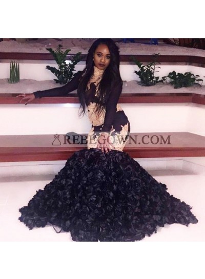 2023 Black and Gold Appliques Mermaid  High Neck Ruffles Pleated African American Prom Dresses