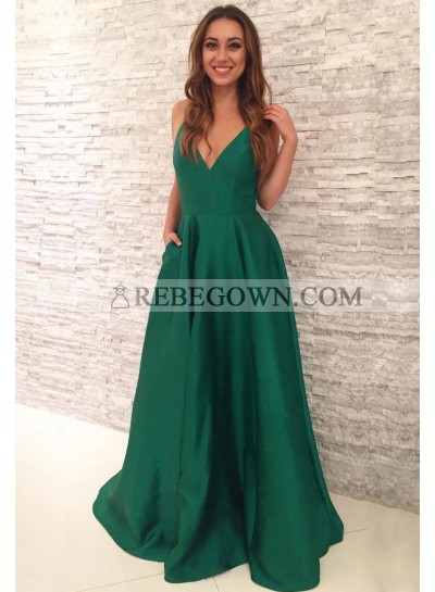 Cheap A Line Satin Emerald V Neck Backless Long Prom Dresses 2023