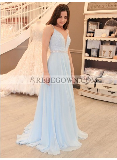 2023 Elegant A Line V Neck Light Sky Blue Chiffon Beaded Prom Dresses