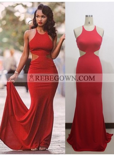 2023 Red Sheath Halter Lace Up Back Long Backless Prom Dresses
