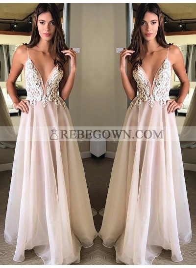 Cheap A Line Chiffon Pearl Pink Deep V Neck Backless Appliques 2023 Prom Dresses