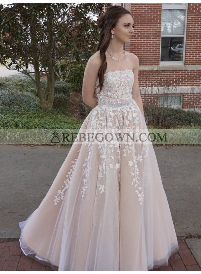 New Arrival A Line Strapless Tulle Champagne and White Appliques Long Prom Dresses 2023