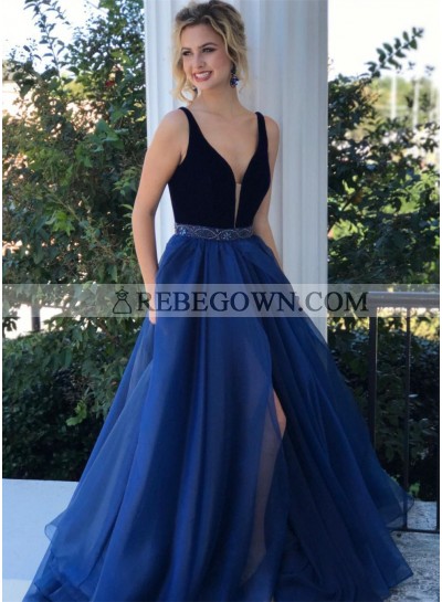 2023 Charming A Line V Neck Chiffon Side Slit Beaded Long Royal Blue and Black Prom Dresses