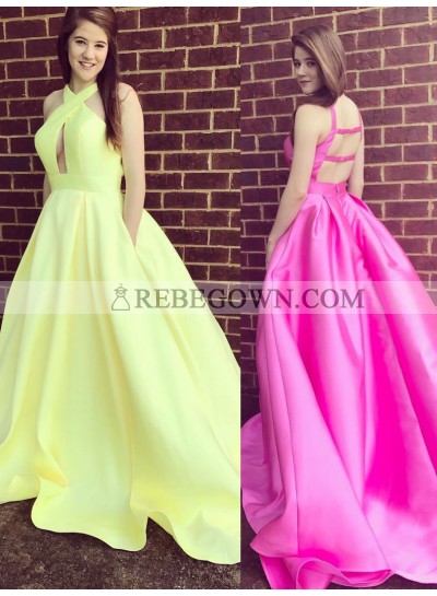 2023 Charming A Line Halter Hollow Out Backless Light Yellow Long Satin Prom Dresses