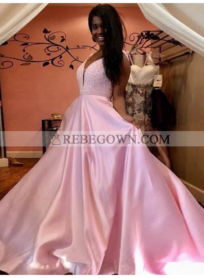 Cheap A Line Satin Pink V Neck Long Backless Prom Dresses 2023