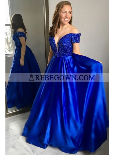 New Arrival A Line Elastic Satin Royal Blue Off Shoulder Sweetheart Bead 2023 Prom Dress