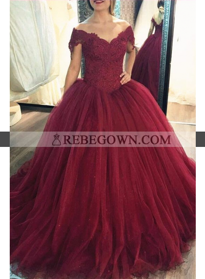 2023 New Arrival Tulle Burgundy Off Shoulder Sweetheart Lace Ball Gown Prom Dress