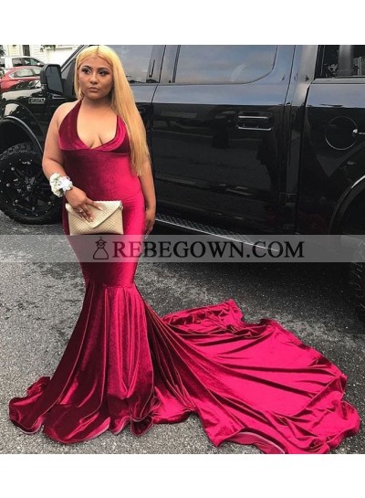 Amazing Mermaid  Halter Velvet Red V Neck Plus Size Prom Dress