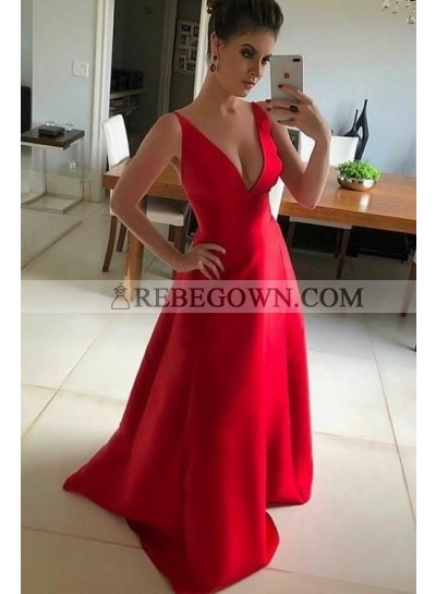 Cheap A Line Satin V Neck Red Long 2023 Prom Dress