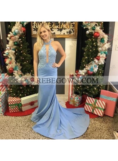 2023 New Arrival Satin Sheath Blue Long Train Halter Prom Dress With Appliques