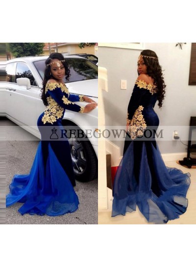 2023 Mermaid  Royal Blue and Gold Appliques Velvet Long Sleeves Off Shoulder South African Long Prom Dress