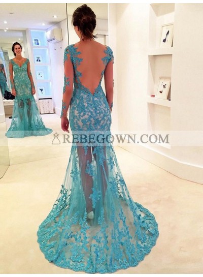 Newly Sheath Long Sleeves Lace Backless Sweetheart Tulle Blue Prom Dress 2023