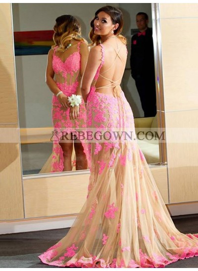 Charming Sheath Champagne and Pink Appliques Lace Up Back High Low Prom Dress