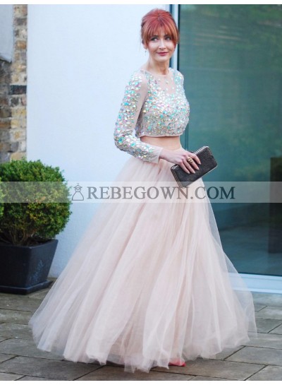 Charming A Line Tulle Long Sleeves Pearl Pink Two Pieces 2023 Prom Dress