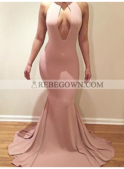 Amazing Mermaid  Blush Pink High Neck Key Hole Backless South African Prom Dress 2023